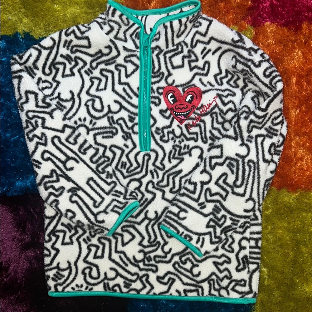 H&M Keith haring Graphic Fleece Pullover with Heart Design